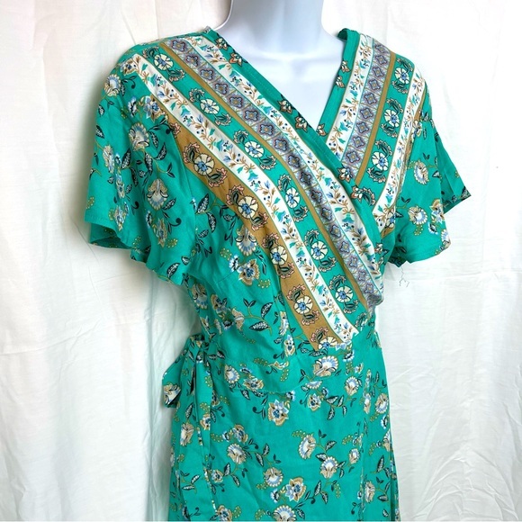Zesica Teal Bohemian Floral Maxi Wrap Summer‎ Dress RuffleBottom Rayon Sz.Large - Picture 5 of 14